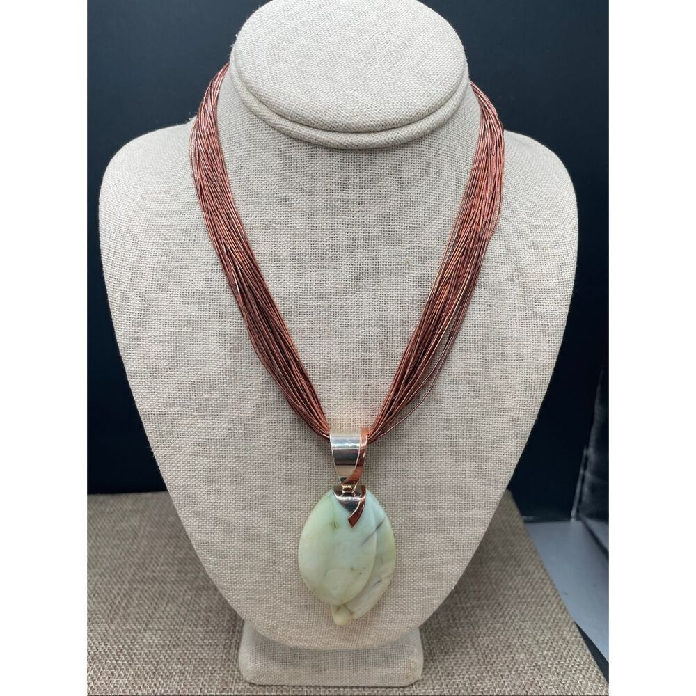 Artisan Green Stone Leaf Pendant Necklace on Copper Multi-Strand Chain